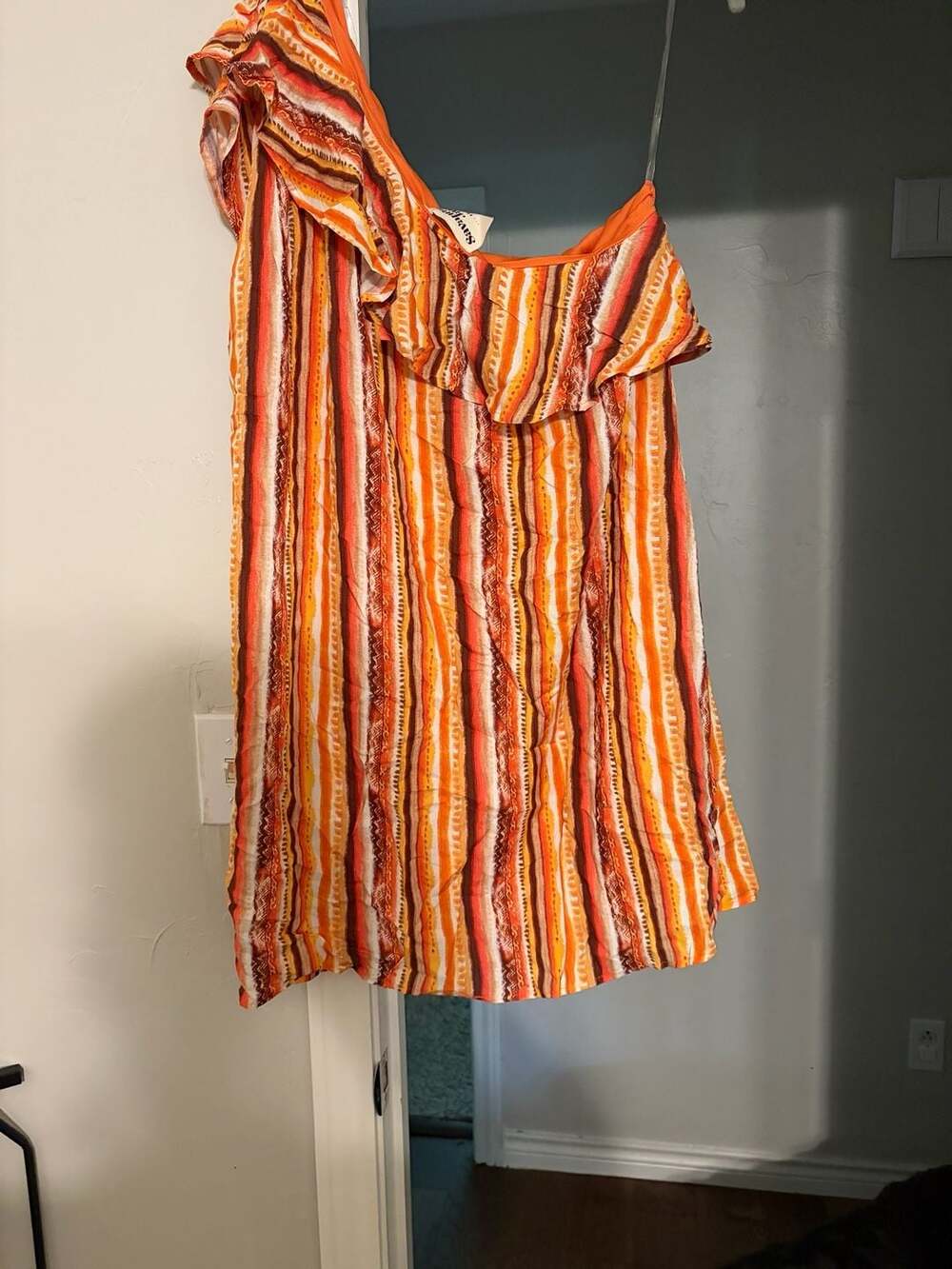 Savanna Jane Orange Striped One-Shoulder Ruffle Dress